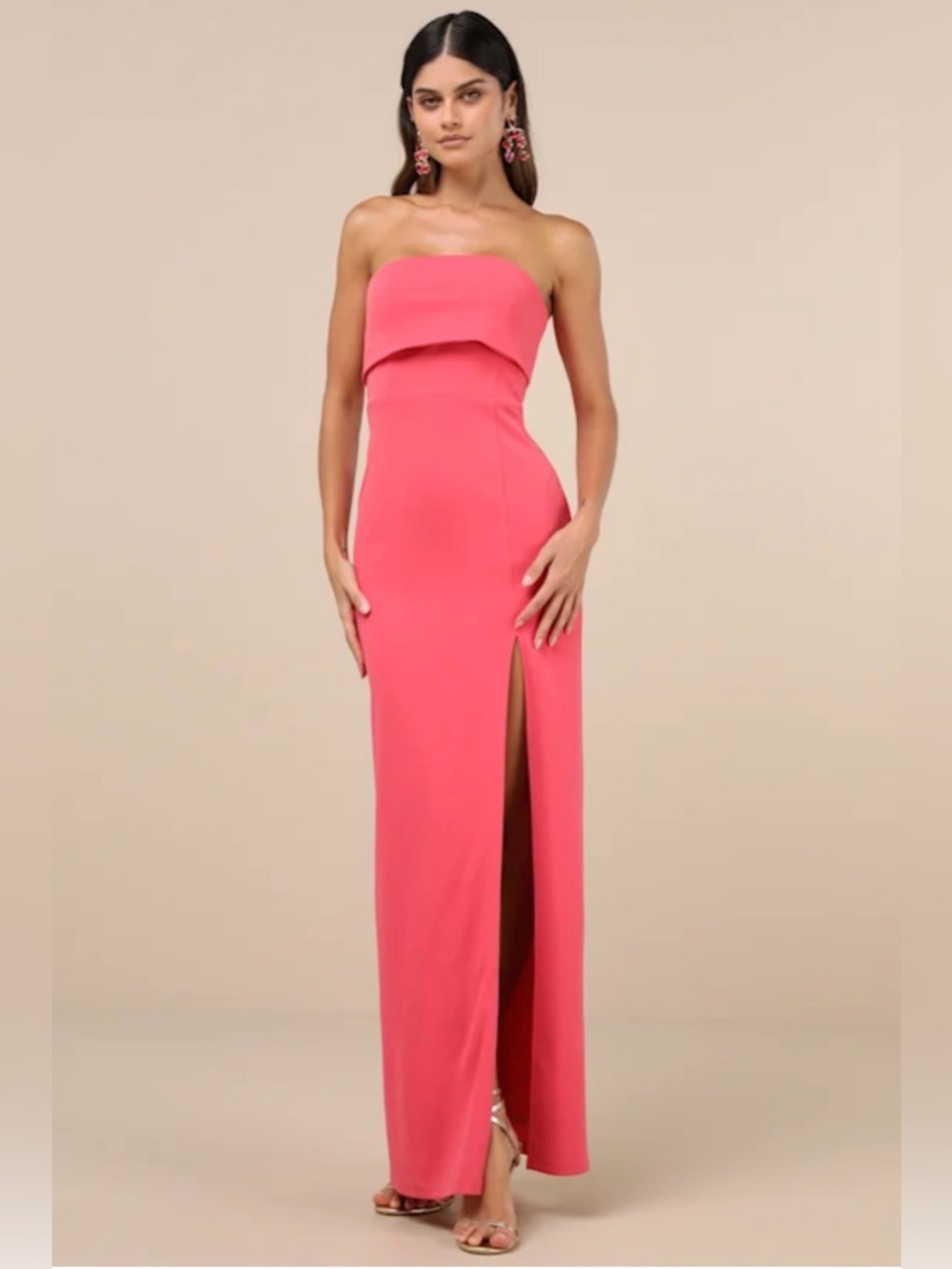 NWT lulus Strapless Coral Pink Evening Gown with Slit XS